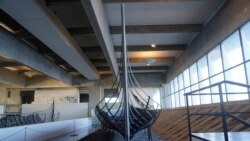 An 11th century, 14-meter Viking coastal trading vessel, sits on display at the Viking Ship Museum. Roskilde, Denmark, Jan. 17, 2022.