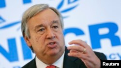 FILE - Antonio Guterres, U.N. High Commissioner for Refugees, says results of peace talks involving Syria, Yemen and Libya "will be vital" to efforts to reduce the current displacement crisis.