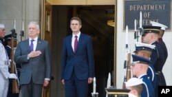 Sekretar za odbranu SAD Jim Mattis (lijevo) i britanski ministar odbrane Gavin Williamson pozdravljaju nacionalne himne tokom ceremonije dobrodošlice pred njihov sastanak u Pentagonu, 7. avgusta 2018.