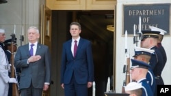 美国国防部长马蒂斯（左）在欢迎英国国防大臣威廉姆森（右）访问五角大楼的仪式上