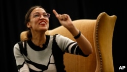 New York congressional candidate Alexandria Ocasio-Cortez participates in a a town hall held in support of Kerri Evelyn Harris, Democratic candidate for U.S. Senate in Delaware, Aug. 31, 2018, at the University of Delaware in Newark, Del.