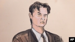 FILE - This Feb 4, 2015, file courtroom sketch shows defendant Ross William Ulbricht as the deputy recites the word “guilty” multiple times during Ubricht’s trial in New York.
