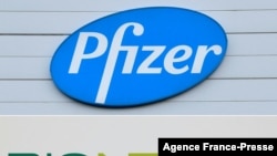 FILE - Combination of file photographs with the logo of Pfizer at the production site of the COVID-19 vaccine in Puurs, Belgium, and a logo of BioNTech at the headquarters of the company in Mainz, western Germany.