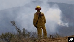 FILE - California Fire engineer Clint Singleton looks out at a plume of smoke near Clearlake, Calif., Aug. 5, 2015. 