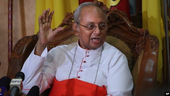 The archbishop of Colombo Cardinal Malcolm Ranjith addresses a press conference in Colombo, Sri Lanka, April 26, 2019.