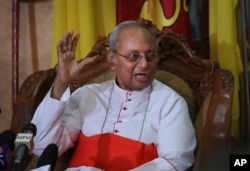 The archbishop of Colombo Cardinal Malcolm Ranjith addresses a press conference in Colombo, Sri Lanka, April 26, 2019.