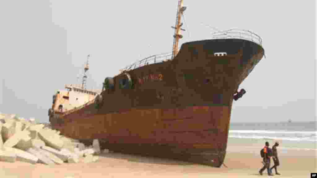 An abandoned ship lays beached near Takwa Bay just off the coast of Nigeria.