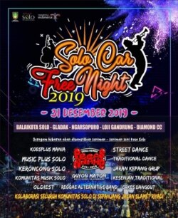 Selebaran resmi berisi rundown acara Perayaan Tahun Baru di Solo, 31 Desember 2019 malam hingga dinihari 1 Januari 2020, masih berhiaskan gambar terompet dan kembang api. (Sumber : Pemkot Surakarta)