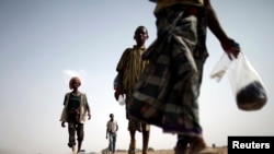 FILE - Ethiopian migrants walk on the side of a highway leading to the western Yemeni town of Haradh, March 28, 2012. Eighty-two Ethiopian migrants reportedly were unceremoniously dropped off last week in a small coastal town about 30 kilometers from Obock in Djibouti.