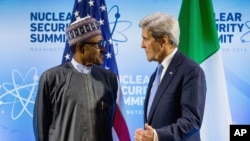 U.S. Secretary of State John Kerry meets with Nigerian President Muhammadu Buhari at the Nuclear Security Summit at the Walter E. Washington Convention Center in Washington, March 31, 2016.