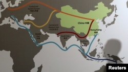 Map illustrating China's "One Belt, One Road" megaproject at the Asian Financial Forum in Hong Kong.