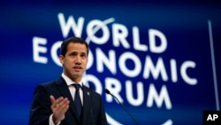 The leader of Venezuela's political opposition Juan Guaido addresses the World Economic Forum in Davos, Switzerland, Jan. 23, 2020.
