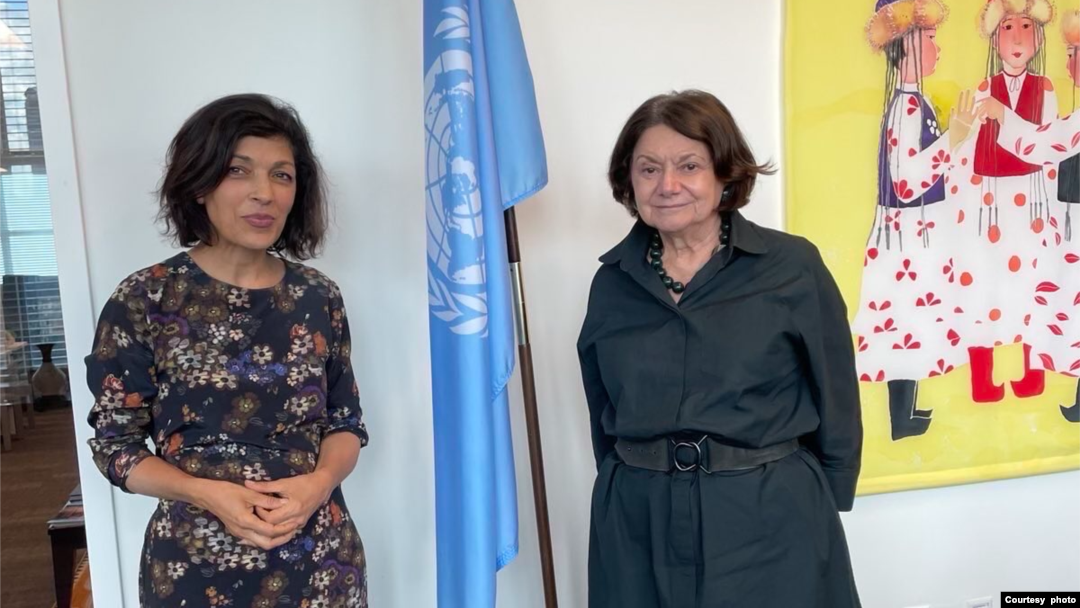 Rina Amiri (left) with U.N. Undersecretary General for Political and Peacebuilding Affairs Rosemary DiCarlo. (Courtesy Amiri’s X). 