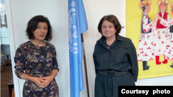 Rina Amiri (left) with U.N. Undersecretary General for Political and Peacebuilding Affairs Rosemary DiCarlo. (Courtesy Amiri’s X). 