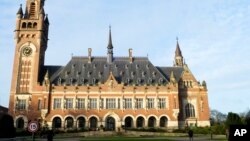FILE - Exterior view of the Peace Palace housing the World Court in The Hague, Netherlands, Feb. 17, 2020. 