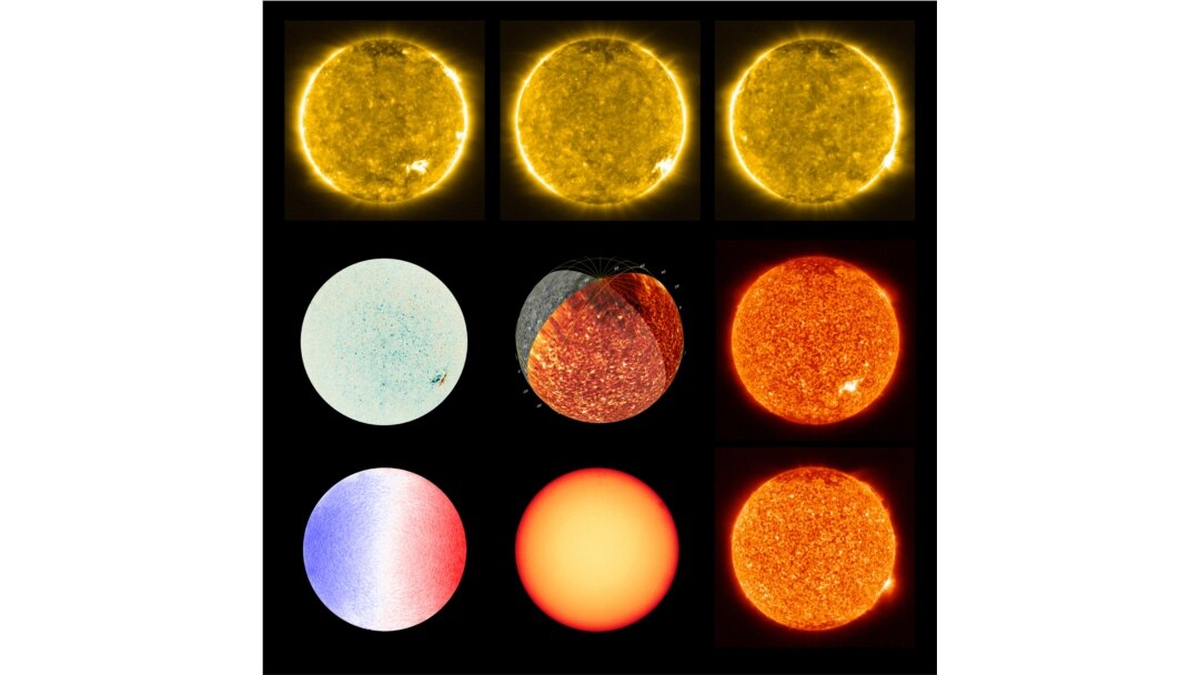 Images of the sun taken with the Polarimetric and Helioseismic Imager and Extreme Ultraviolet Imager of the Solar Orbiter spacecraft are seen in a combination of photos released by NASA, July 16, 2020.