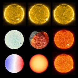 Images of the sun taken with the Polarimetric and Helioseismic Imager and Extreme Ultraviolet Imager of the Solar Orbiter spacecraft are seen in a combination of photos released by NASA, July 16, 2020.