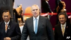 FILE - Britain's Prince Andrew, the Duke of York, arrives at ASEAN Business and Investment Summit in Nonthaburi, Thailand, Nov. 3, 2019.