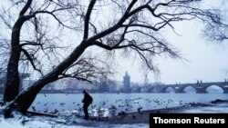 Prague, Czech Republic, Jan 16, 2021 that experienced the coldest night this year with temperatures drops below minus 20 degrees Celsius (minus 4 Fahrenheit) in many places. 