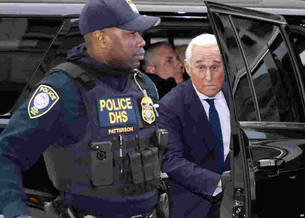 Roger Stone, former campaign adviser for President Donald Trump, arrives at Federal Court in Washington. Stone was arrested in the special counsel's Russia investigation and was charged with lying to Congress and obstructing the probe.