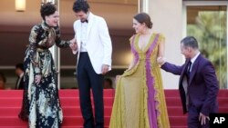 Actors Sasha Lane, Shia Labeouf, Riley Keough, and McCaul Lombardi leaving the screening of the film 'American Honey' at the 2016 international film festival in Cannes, France. (AP Photo/Thibault Camus)