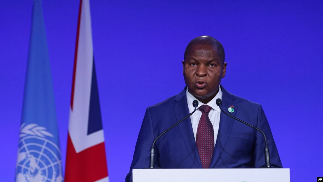 FILE - Central African Republic's President Faustin-Archange Touadera gives a statement at the World Leaders' Summit of the COP26 UN Climate Change Conference in Glasgow, Scotland, on Nov. 1, 2021.