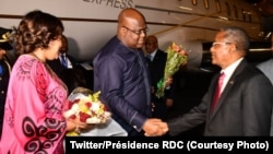 Président Félix Tshisekedi ya RDC (c) na molongani w aye Denis Nyakeru na bokomi na bango na Addis Abeba, Ethiopie, 8 février 2020. (Twitter/Présidence RDC)