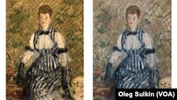 Картина Эдуарда Мане «Женщина в полосатом платье» до и после реставрации