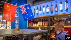A display of Australian wines at the China International Import Expo (CIIE) in Shanghai on Nov. 5, 2020. China is stepping up pressure on Australia over disputes including its support for a probe into the origin of the coronavirus.