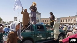 Kelompok militan Taliban berdiri di atas kendaraan polisi yang rusak di sepanjang pinggir jalan di Kandahar pada 13 Agustus 2021. (Foto: AFP)