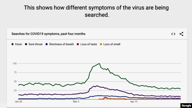 This graphic produced for Google Trends shows the top coronavirus symptom searches on the Google search engine. (Google)