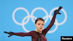 On Feb. 17, 2022, Anna Shcherbakova, of the Russian Olympic Committee, performs during the free skate competition in Beijing.
