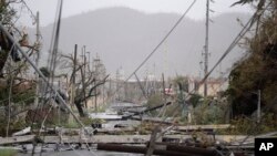 Postes y líneas de electricidad derribados en Puerto Rico luego del paso del huracán María por la isla. Humacao, septiembre 20, 2017.