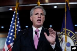 House Republican Leader Kevin McCarthy, D-Calif., speaks to the media at a news conference on Capitol Hill in Washington, May 2, 2019.