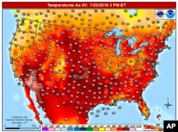 FILE - This image provided by the National Weather Service shows temperatures in the continental United States during a heat wave July 22, 2016.