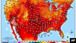 美国气象局提供的图片显示热浪中的美国气温(2016年7月22日)