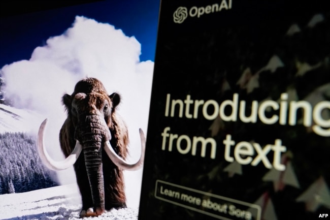 FILE - In this photo illustration, a video created by Open AI's newly released text-to-video "Sora" tool plays on a monitor in Washington, DC on February 16, 2024.(Photo by Drew Angerer / AFP)