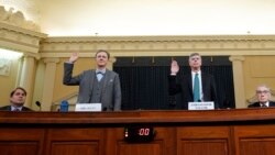 George Kent, senior State Department official, left, and Ambassador William Taylor, charge d'affaires at the U.S. embassy in Ukraine, are sworn in at at a House Intelligence Committee hearing on Capitol Hill in Washington, Nov. 13, 2019.