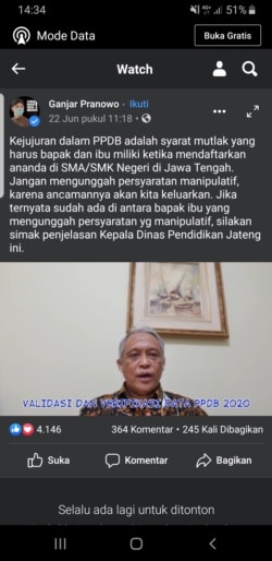 Video Kepala Dinas Pendidikan Jawa Tengah, Jumeri, yang diunggah di akun media sosial Gubernur Jawa Tengah Ganjar Pranowo, Senin, 22 Juni 2020. Jumeri memaparkan indikasi pemalsuan berkas pendaftaran di PPDB SMA/SMK Negeri Jawa Tengah. (Foto: Screenshot )