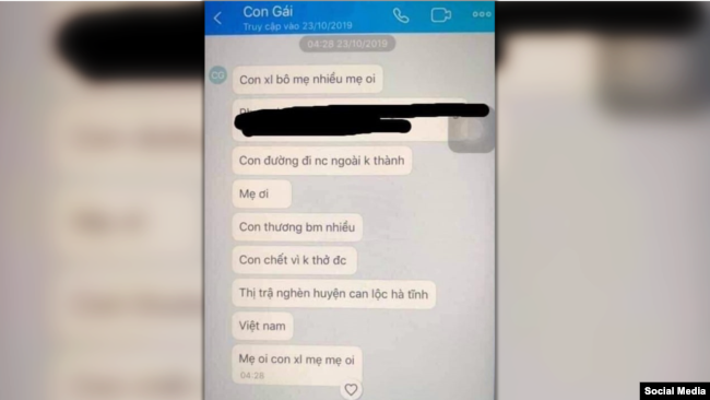 Ảnh chụp màn hình được lan truyền trên mạng xã hội với nội dung được cho là tin nhắn của cô Phạm Thị Trà My.