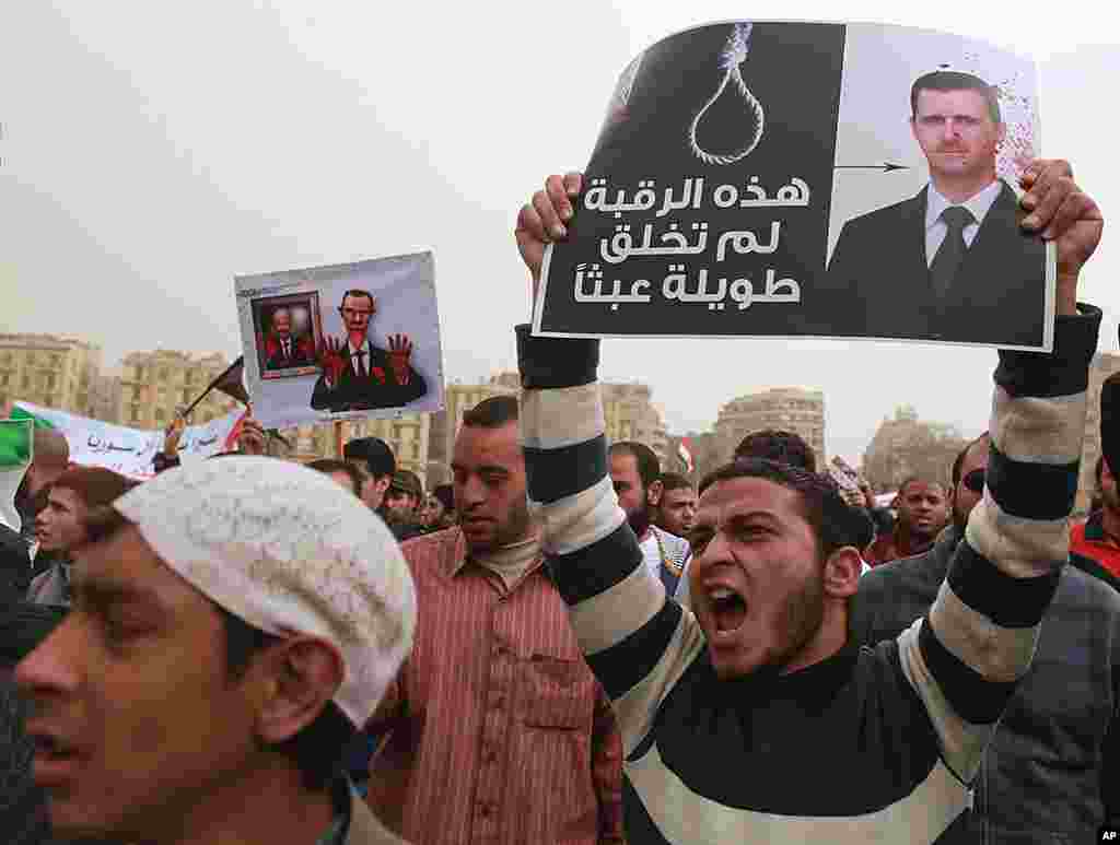A demonstrator attends a protest against Syria's president, near Syrian embassy in Cairo, Egypt, February 17, 2012. (Reuters)