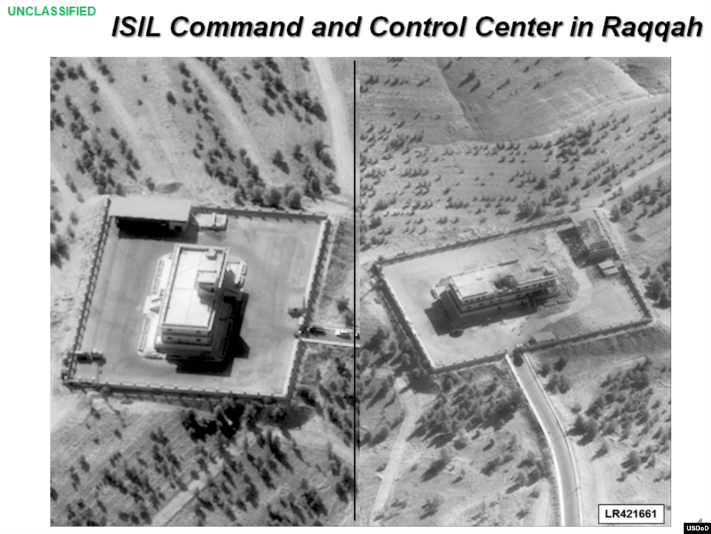 Press briefing slide - Before (left side) and after airstrike on ISIL Command and Control Center by coalition forces, Raqqah, Syria, Sept. 23, 2014, (U.S. Central Command Center) 