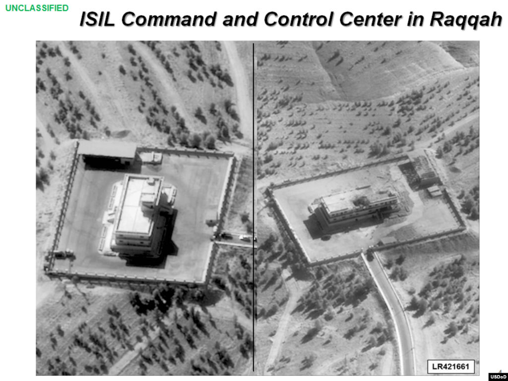 Press briefing slide - Airstrike on ISIL Command and Control Center by coalition forces, Raqqah, Syria, Sept. 23, 2014, (U.S. Central Command Center)