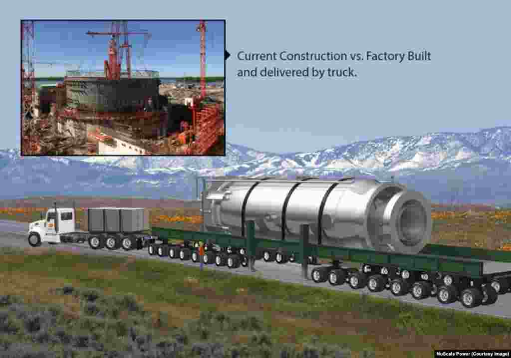 Illustration of a next-generation small nuclear reactor being transported via truck.