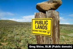 A public lands sign is posted at Virtue Flat off-highway vehicle area in Eastern Oregon.