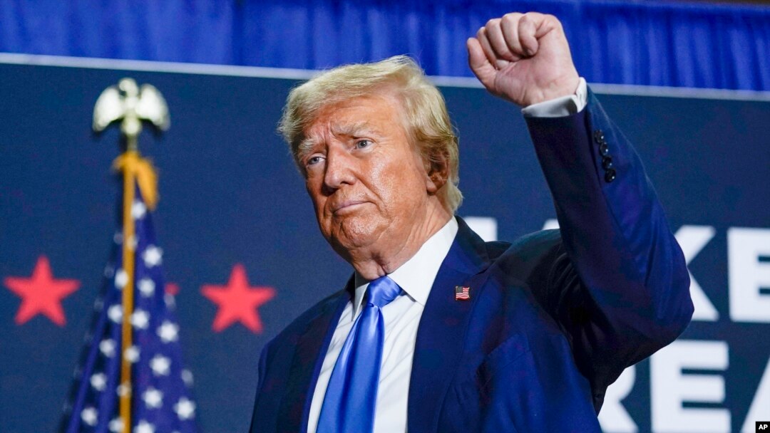 FILE - Republican presidential candidate former President Donald Trump gestures after speaking at a campaign rally Oct. 23, 2023, in Derry, N.H