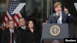 FILE - Former U.S. Congressman Patrick Kennedy (R) speaks during dedication ceremonies for the Edward M. Kennedy Institute in Boston, Massachusetts March 30, 2015. 