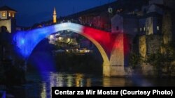 Old Bridge in Mostar painted in the colors of French flag
