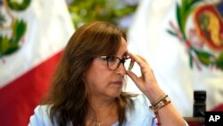 ARCHIVO - La presidenta peruana, Dina Boluarte, ofrece una rueda de prensa en el palacio de gobierno en Lima, el 10 de febrero de 2023. 