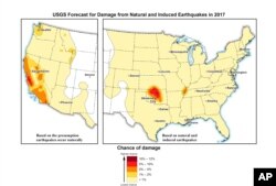 The 2017 U.S. Geological Survey forecast map, March 1. Federal scientists forecast that Oklahoma will continue to have the nation's biggest man-made earthquake problem but it probably won't be as shaky as recent years.